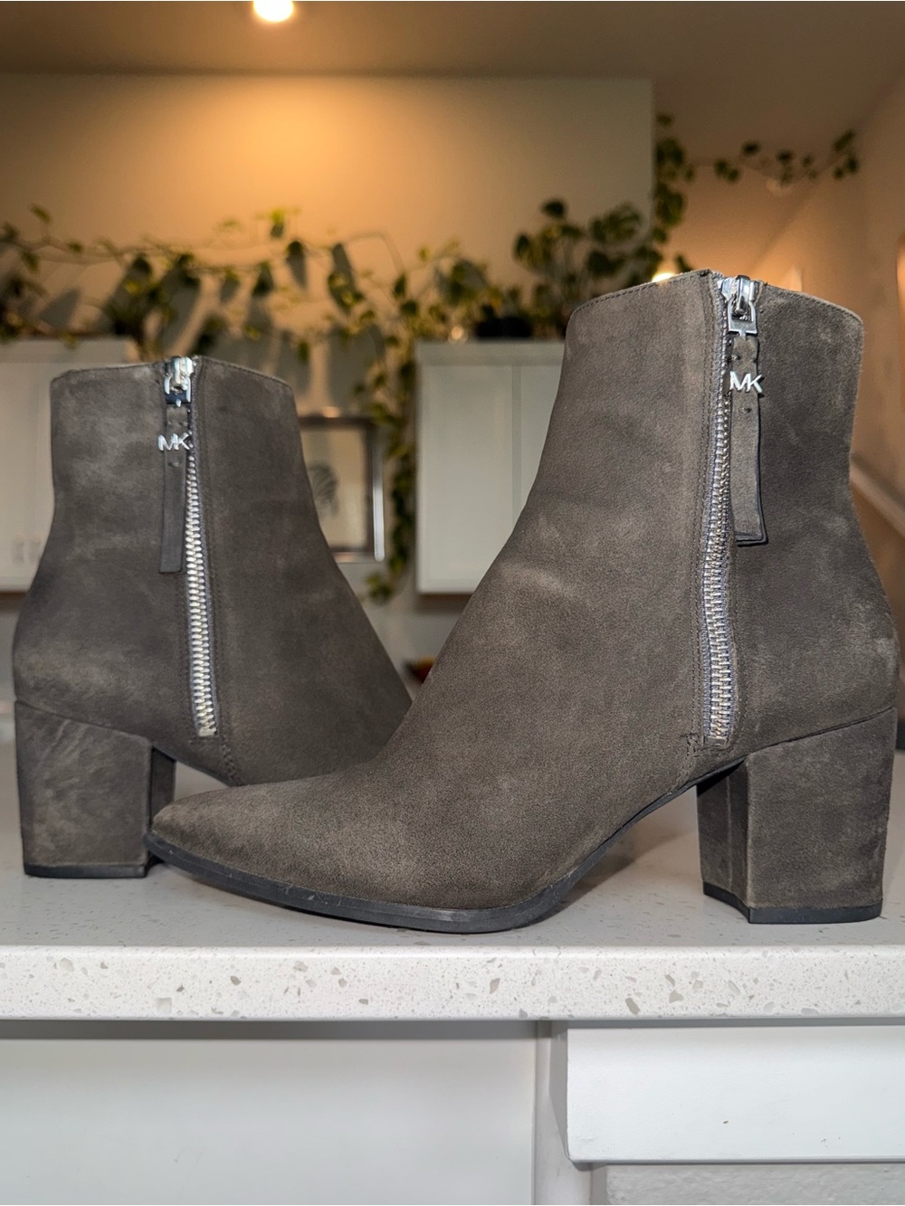 Michael Kors Charcoal Grey Suede Block Heel Ankle Boots